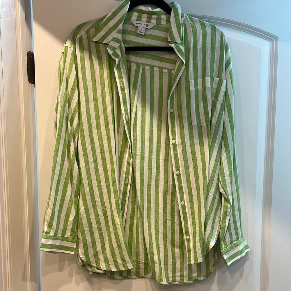 Green and White Striped Button-Up Shirt